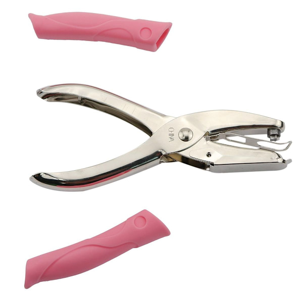 Håndholdt hullmaskin, med rosa håndtak (hjerte), hullmaskin, håndlaget, A4-papir, dokumenter,