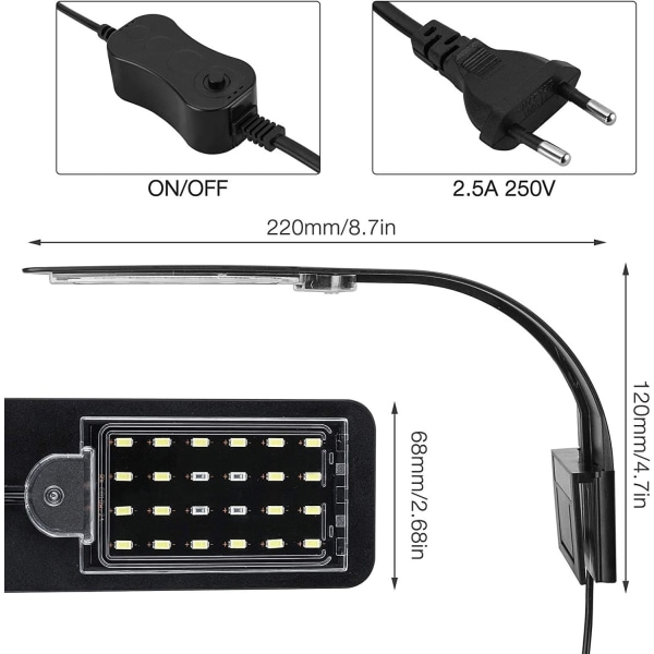 Akvarielampe, ultratynd LED-lampe Akvarielampe LED Akvarielampe Mini Akvarielampe med 24 LED Hvidt og blåt lys til fisk og planter, 10W-EU-stik (sort)