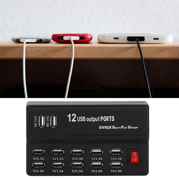 Moniporttinen kotitalouspistorasia, jossa on 12 USB-porttia ja pikalaturi KLB