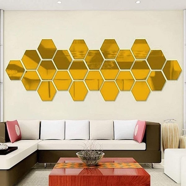 Set med 12 hexagonala väggklistermärken i akryl och plastspeglar för heminredning KLB