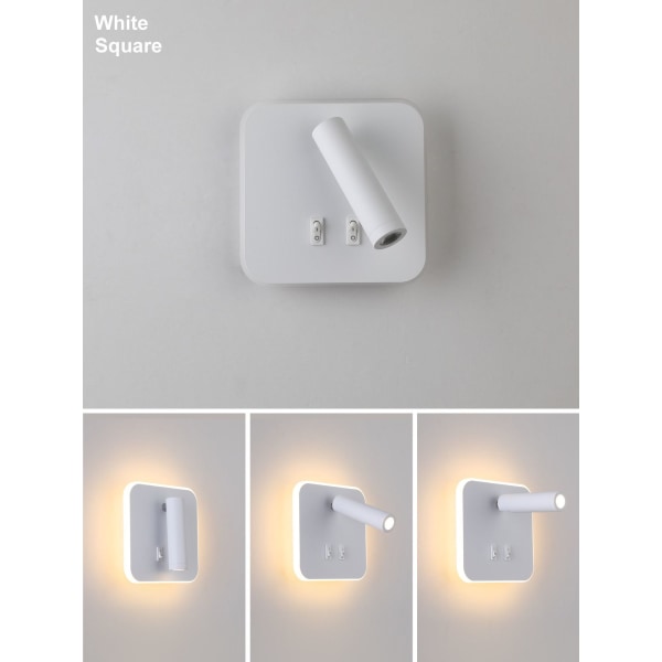 Hvit nattbordslampe (rund)-LED nattbordslys Innendørs hotellvegglampe Sengevegglamper Korridor Vegglampe med bryter Svart 9W 3000K varmt lys