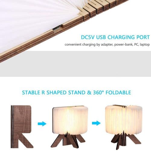 Træfoldbar Boglampe, R-Formet LED Boglys, USB Genopladelig
