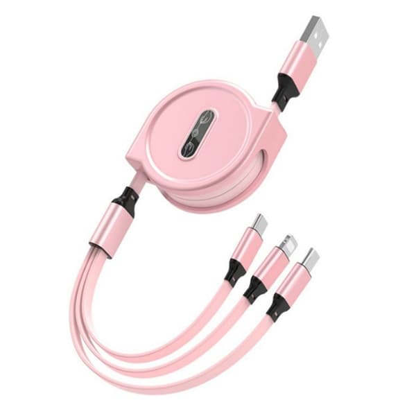 3-i-1 Teleskopisk Ladingskabel for Apple Android Rosa