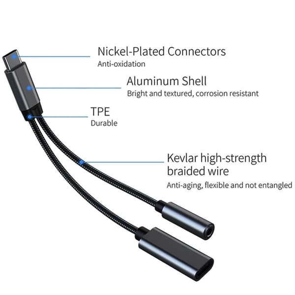 USB C til 3,5 mm hodetelefon- og ladeadapter, 2 i 1 USB C svart