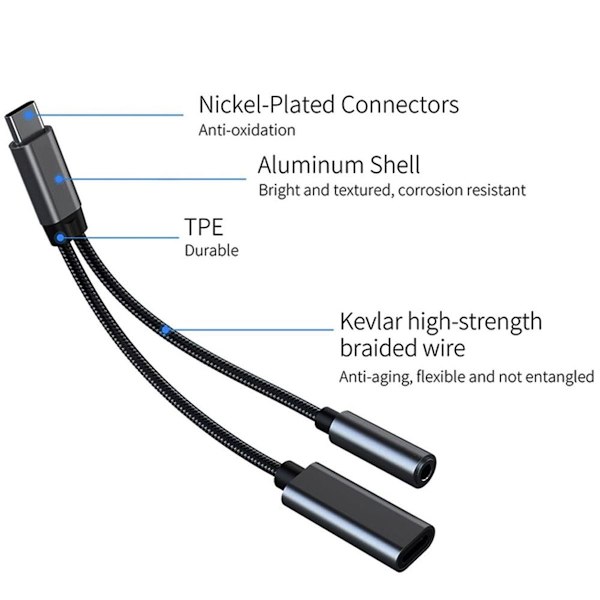 USB C til 3,5 mm hovedtelefon- og opladeradapter, 2 i 1 USB C sort