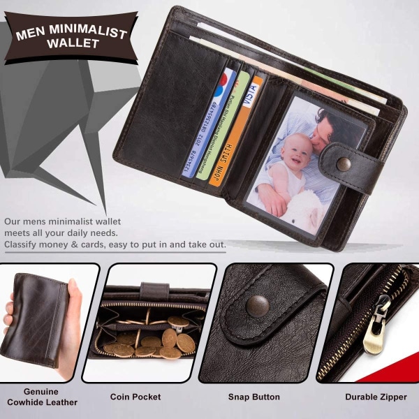 Lommebok for menn i brunt ekte skinn, Minimalistisk myntlomme for menn Liten RFID-blokkerende tredelt lommebokkortholder med myntlomme med glidelås