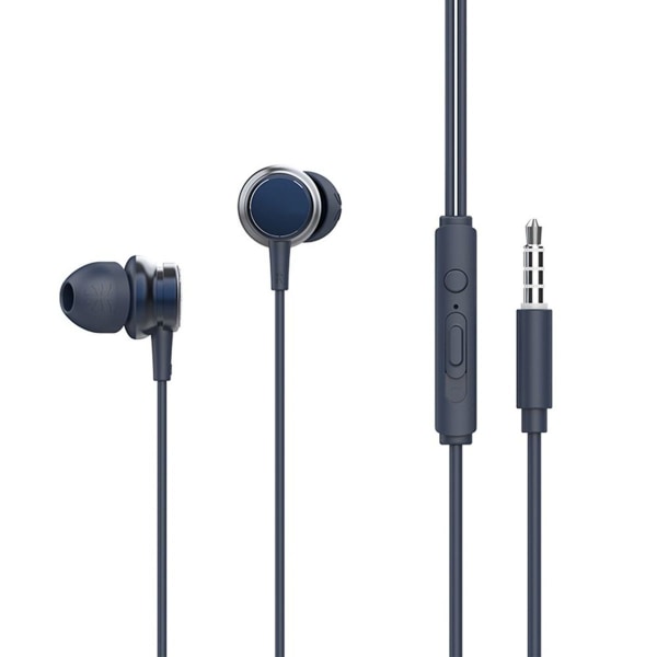 Hovedtelefoner i øret - kablede øretelefoner med mikrofon og bas, blå