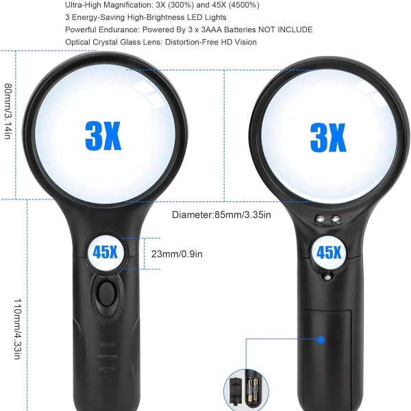 3x LED forstørrelsesglass for lesing og inspeksjon