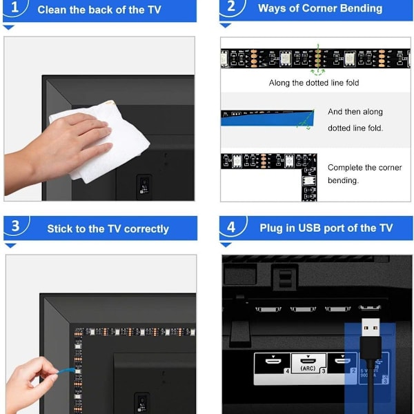 LED-stripe lys 6ft for 40-60in TV, USB LED TV bakgrunnsbelysning KLB