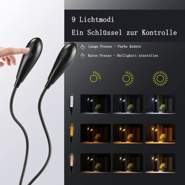 Läslampa bok klämma, USB laddad med 14 lysdioder, 3 färgtemperatur, 3
