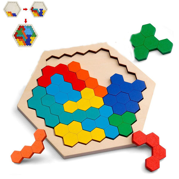 Træ Hexagon Puslespil - Form Blok Tangram Hjerne Teaser Legetøj Geometri KLB