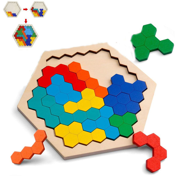 Trähexagonpussel - Formblock Tangram Hjärngymnastik Leksak Geometri KLB