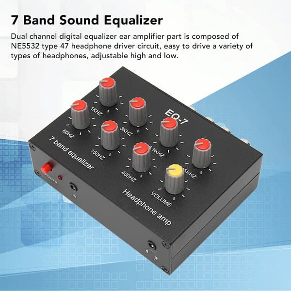7-bånds lydequalizer, RCA-udgang, indgang, 3,5 mm interface KLB