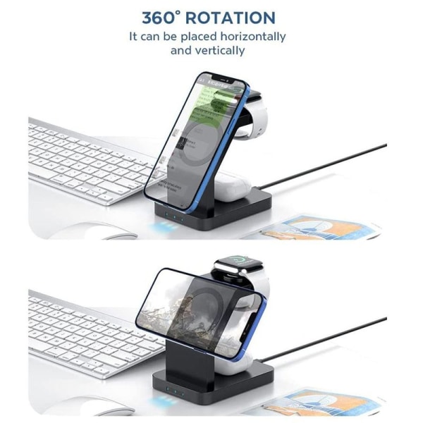3-in-1 langaton latausasema Apple iPhone 13/13 Pro/13 Pro Max:lle, musta