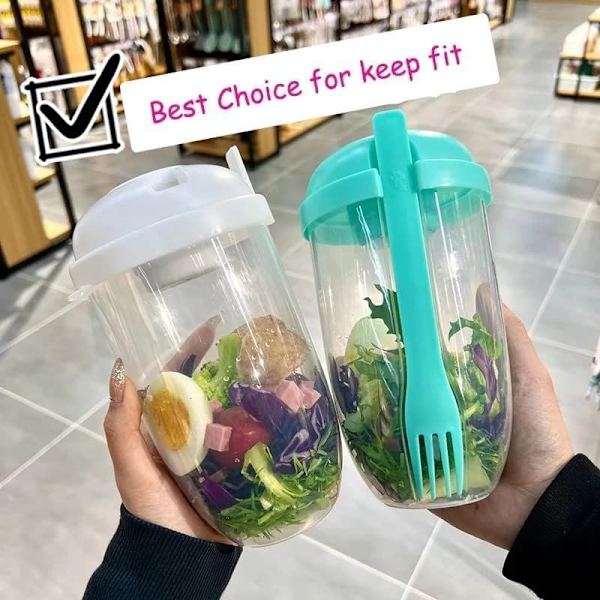 Hvit Frisk Salatbeholdersett for å Ta Med, Hold deg i Form Salat Shaker Cup med Gaffel og Dressingholder, Sunn Salatbeholder, Grønnsaksfrokost for å Ta Med, F