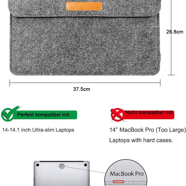 Laptop sleeve kompatibel med 14 tommer bærbare computere/15 tommer MacBook Pro