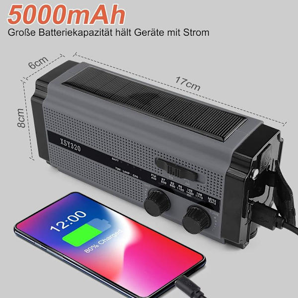 Bärbar solradio, AM/FM vevradio med uppladdningsbart 5000 mAh