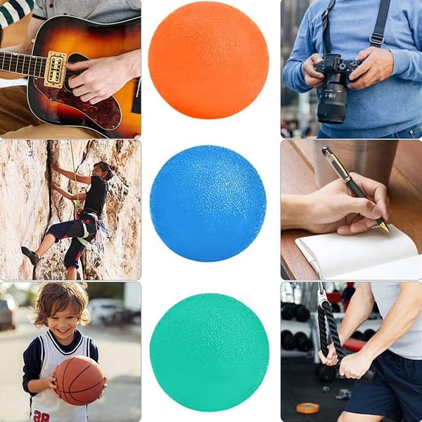 Sæt med 3 håndterapikugler til finger- og håndledstræning - orange + blå + grøn