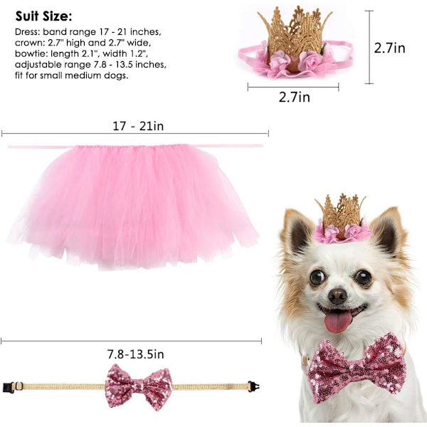 3 st hundkostym för födelsedagsfest husdjur rosa tyllkjol kronhatt paljett fluga med justerbar nackrem för valp bröllop födelsedag