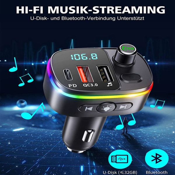 Bluetooth-adapter for bil, PD 18W & QC3.0 FM-sender bil Bluetooth 5.0, 9 RGB