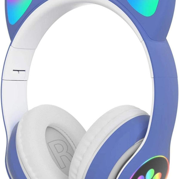 Barnehodetelefoner katteører LED-belysning Bluetooth blå