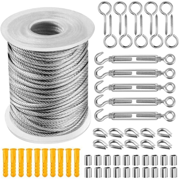 Rostfritt Stål Kabelspännare Kit - 50M Wire Rope, Klätterväxtstöd Tillbehör, Lämplig för Trappräcken och Trädgårdar KLB