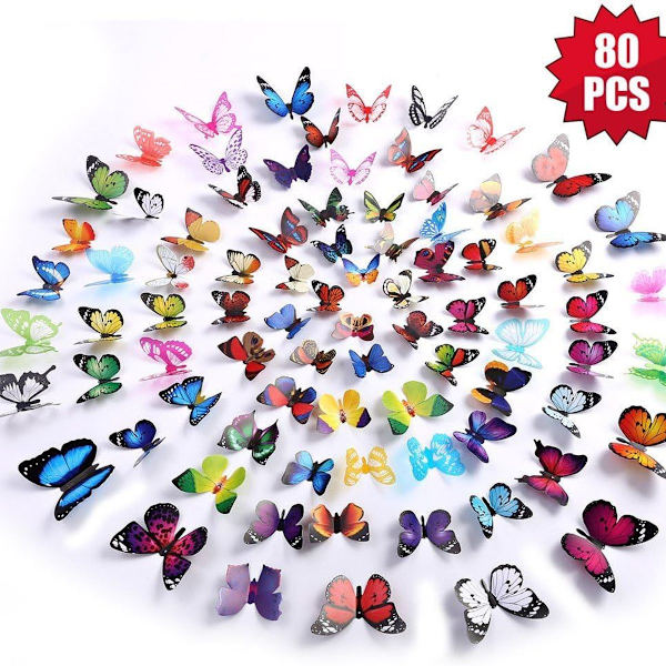 80 st fjärilsväggdekaler - 3D fjärilsväggdekor avtagbar KLB