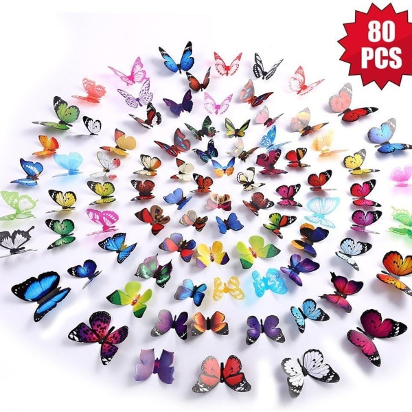 80 stk. Butterfly Wall Stickers - 3D Butterfly Wall Decor Aftagelig KLB