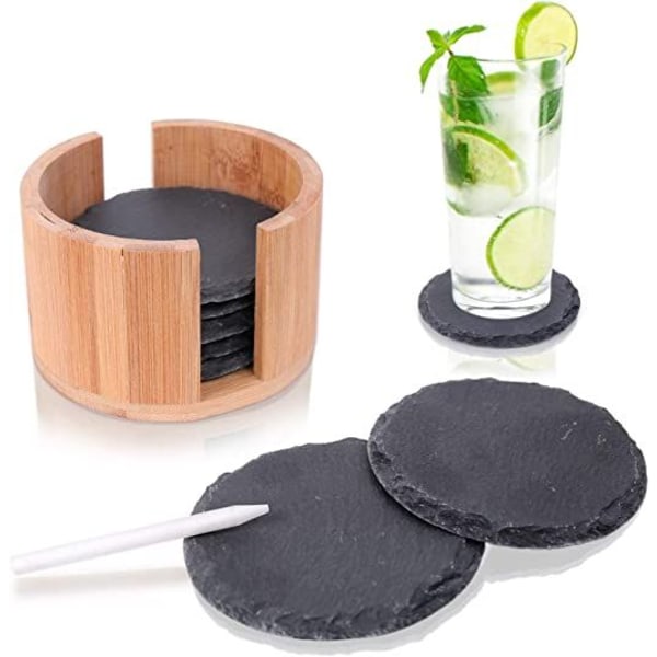 Diameter 10cm skifer coasters (5 stk.) - dekorative skifer coasters og bambus opbevaringskasser (runde)