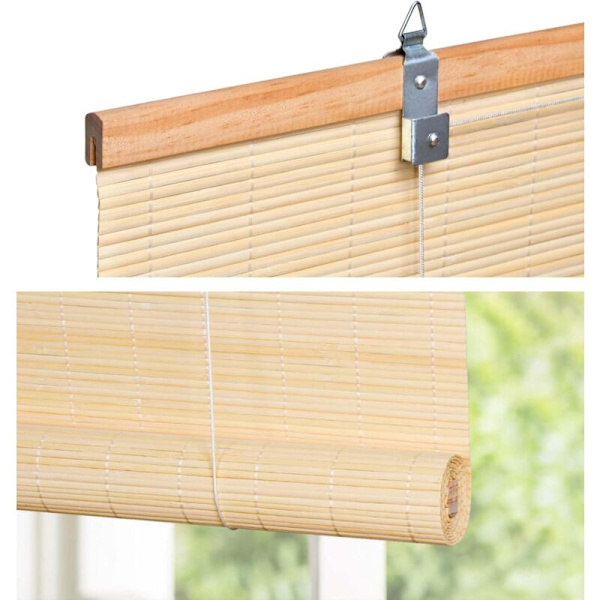 Bambus rullegardin uten boring, Sol- og synsbeskyttelse, Sidetrekk rullegardin uten boring, for vinduer og dører 60 x 100cm, Nature KLB