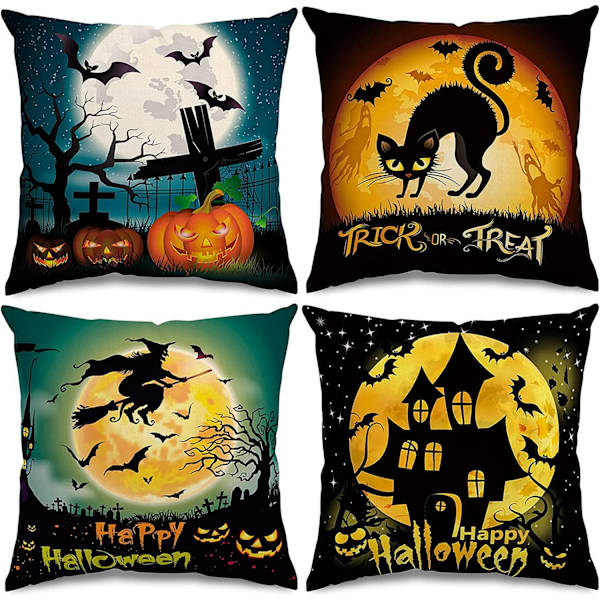 Set med 4 Halloween-kuddfodral, linnekuddfodral för sängdekor, 18x18 tum