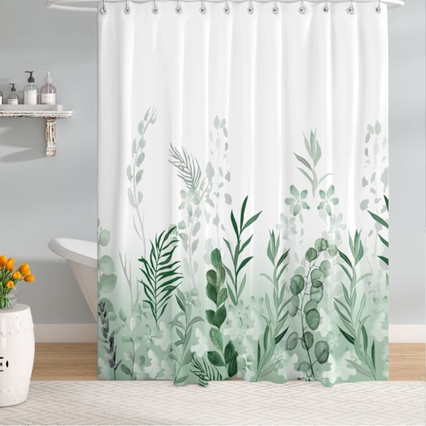 180x200 cm Grøn Polyester Stof Bruseforhæng, Urskog, Eng, Grønne Planter, Akvarel Effekt, Anti-Mildew, Vandtæt o-