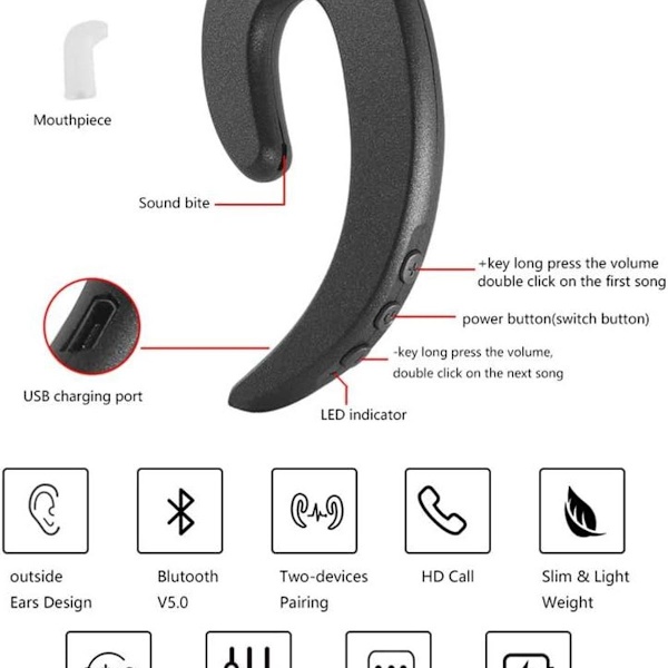 3C Light Ear Hook Langattomat Bluetooth-kuulokkeet, kivuttomat mustat
