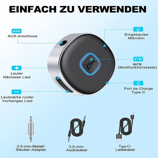 AUX Bluetooth -sovitin autoon, langaton auto Bluetooth 5.0 -vastaanotin