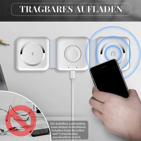 Trådlös laddningsplatta för iPhone hopfällbar, kompakt 3 i 1 vit