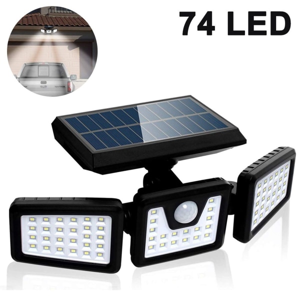 Solcellelamper for utendørs bruk med bevegelsessensor, 74 LED utendørs spotlights, superlys KLB