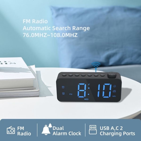 RGB-teckensnitt, färgförändrande, LED-digital väckarklocka med inbyggd radio, 8 naturliga mu
