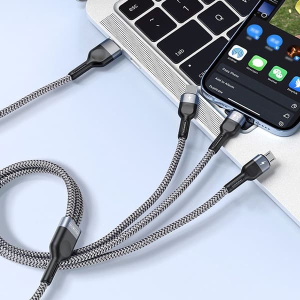 3-i-1 USB-ladekabel, 1,3 m flettet hurtigladekabel