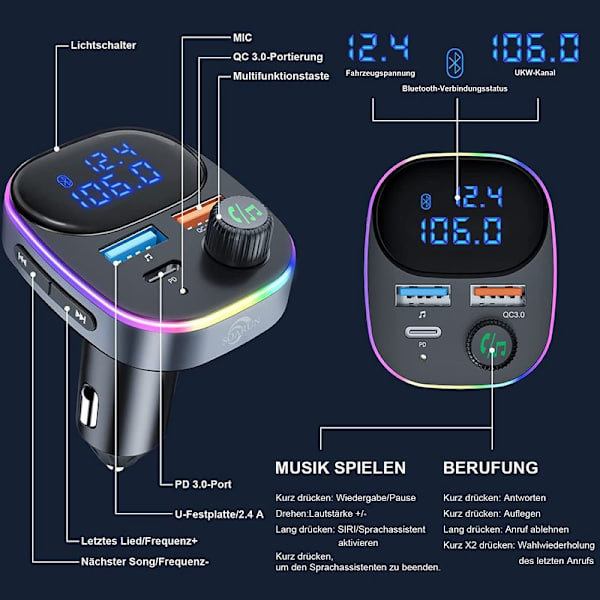 Bluetooth-adapter til bil, Bluetooth FM-sender med QC3.0 & PD3.0 Type C