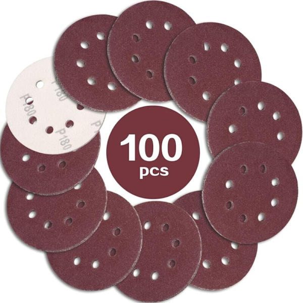 100 st slippappar 125 mm korn 180, slippappar 8 hål sandpapper idealisk för slipning/polering för excentrisk slipmaskin KLB