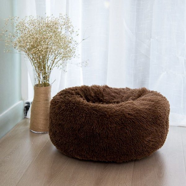 Rund 35cm mørkegrå katteseng hund seng donut blød brun KLB