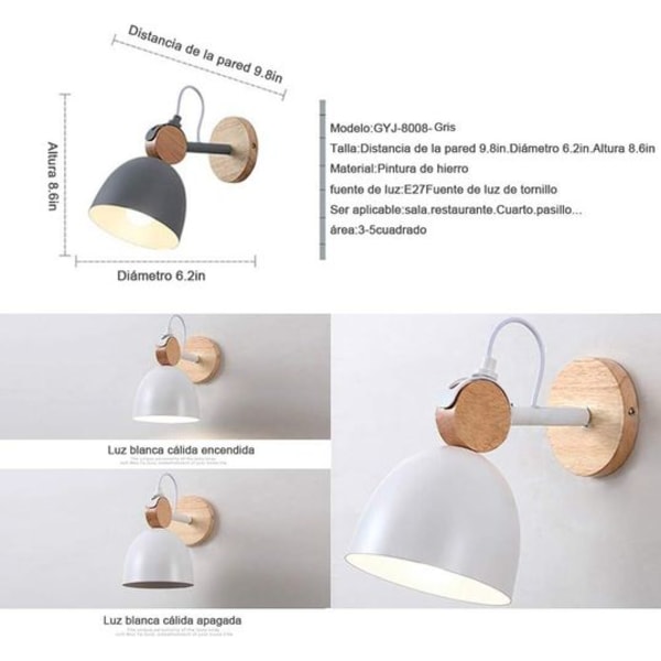 Vägglampa i trä, modern inomhus spotlight, metall och trä, färg