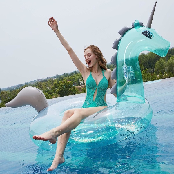 Paljetter Transparent uppblåsbar enhörningsboj, gigantiska uppblåsbara leksaker Ocean Beach Float, uppblåsbar poolmadrass för barn vuxna（XL）