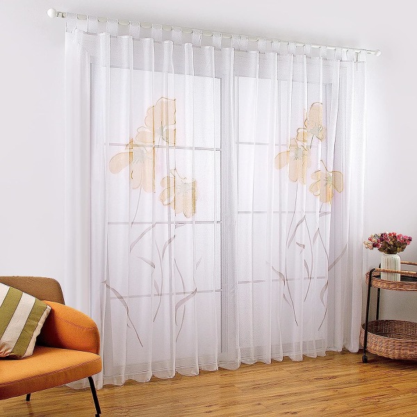 2 stk. håndtegnede blomsterprint gardiner til stue, bredde 150 cm (højde 245 cm, orange)
