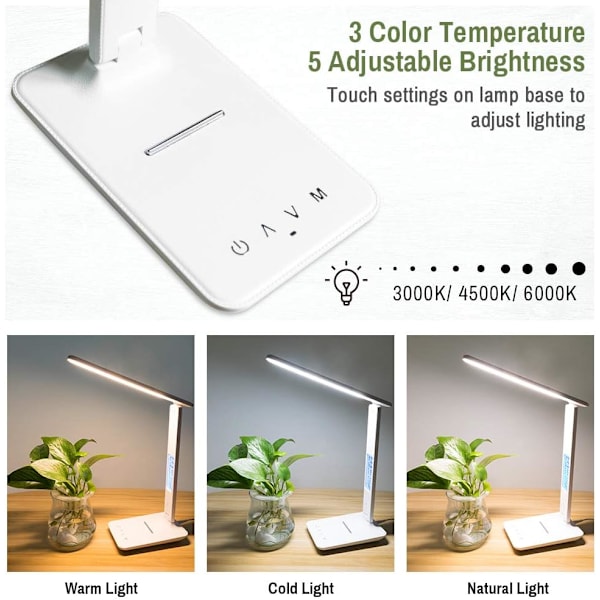 Himmennettävä LED-pöytävalaisin, 3 tilaa/ 5 kirkkaustasoa/LCD-näyttö/Herätyskello/Lämpötila ja kalenteri, Silmäsuojaava kosketus LED-pöytävalaisin White