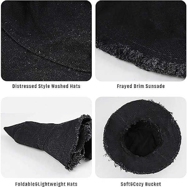 Tvättad Bomull Sliten Bucket Hatt Solskydd Bred Brätte Sommar Strandhatt Black