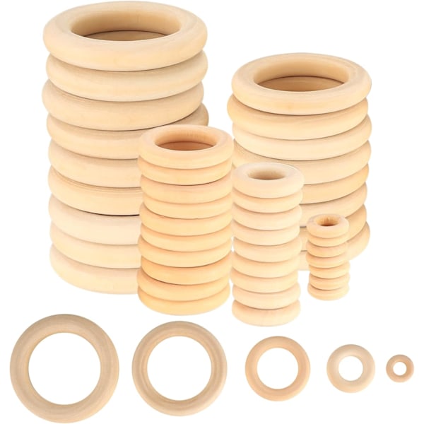 90 Pieces Wooden Rings for Crafts,for DIY Crafts Ring Pendant Connector Jewelry Making Toys Napkin Rings-15mm, 25mm, 35mm,45mm,55mm