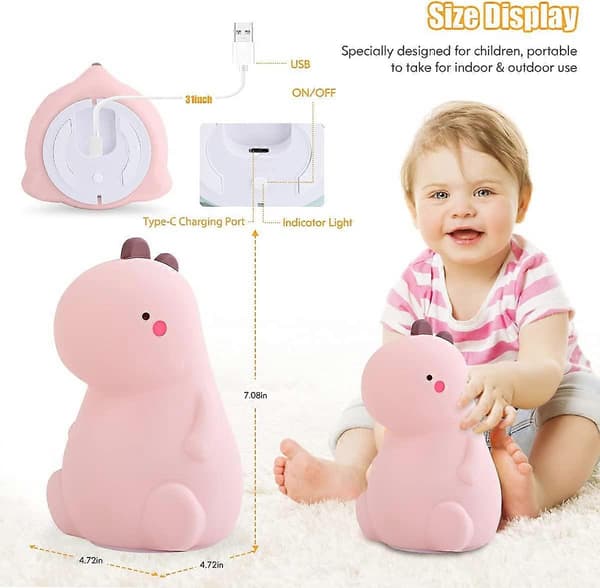 Dinosaur Silicone Natlampe til Børn, Farveskiftende, Pink