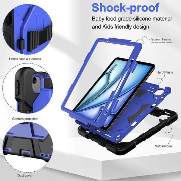Fodral för iPad Air 11 (2024) med Ställ Handledsrem PC+Silikon Tablet Skydd - Svart+Blå