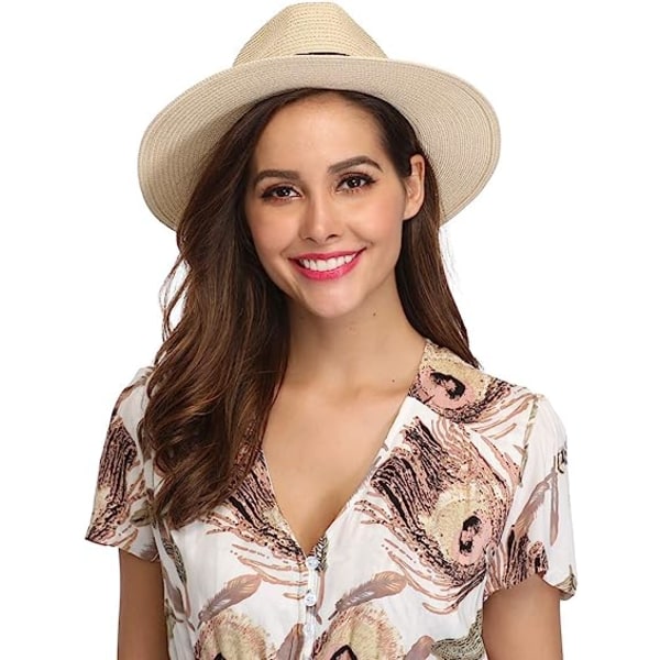 Damer Bred Brätte Halm Panama Roll Hat Bälte Spänne Fedora Beach Sun Hat